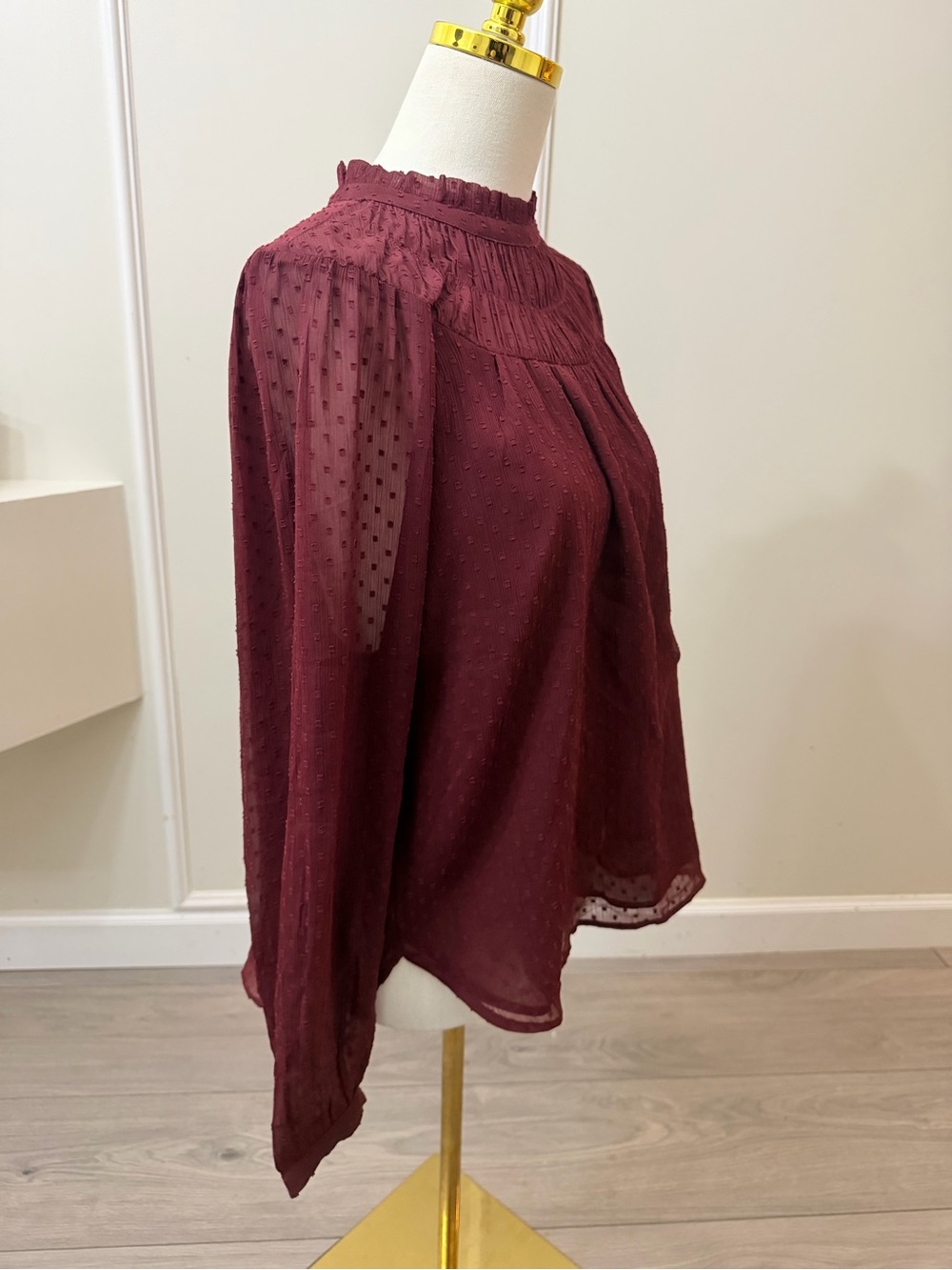LOFT Burgundy Smocked High-Neck Blouse - Picture 9 of 11